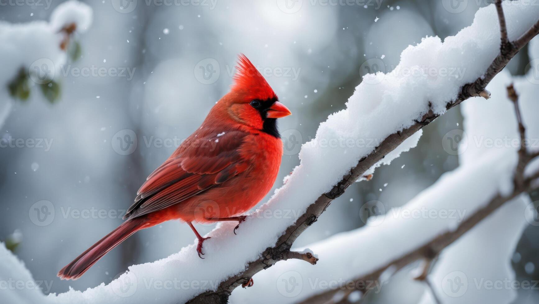 Red Bird Perched on Snowy Branch in Winter Forest Scene photo