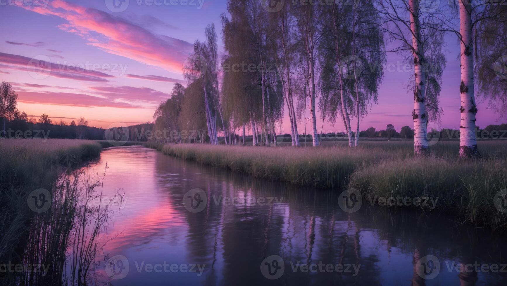 River Flowing Through Field at Sunset with Trees and Pink Sky photo