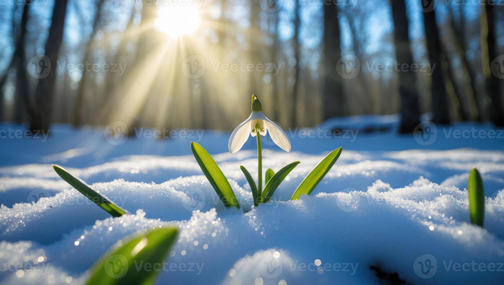 Snowdrop Flower Blooming Through Snow in Forest with Sunlight photo