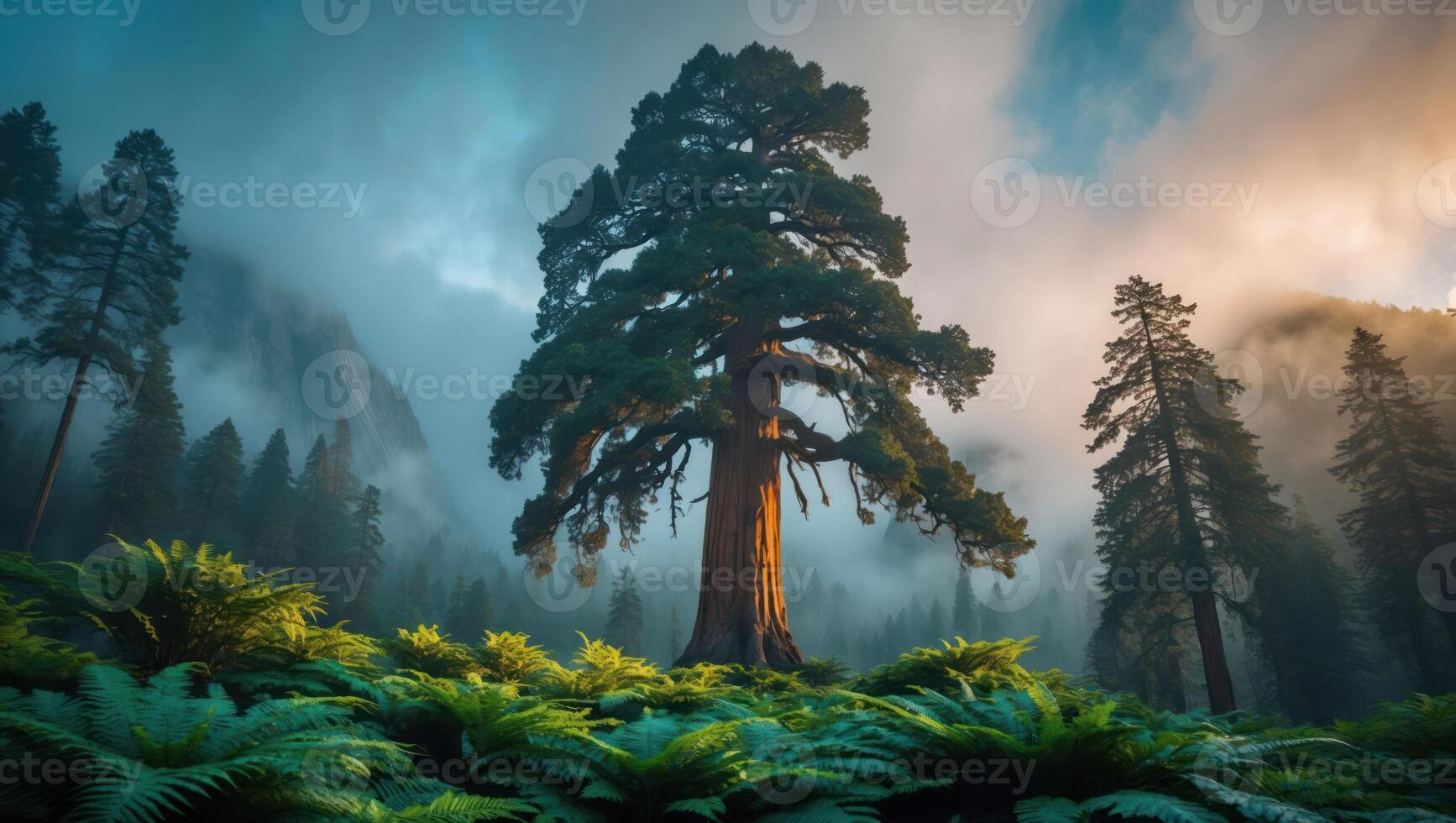 Majestic Sequoia Tree Rises Above Lush Ferns in Foggy Forest photo