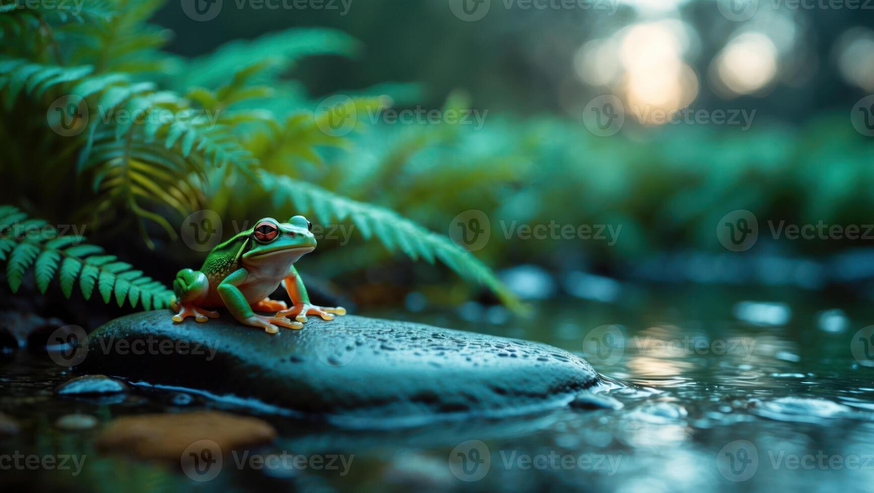 Small Frog Sitting on Rock by Stream with Fern Background photo