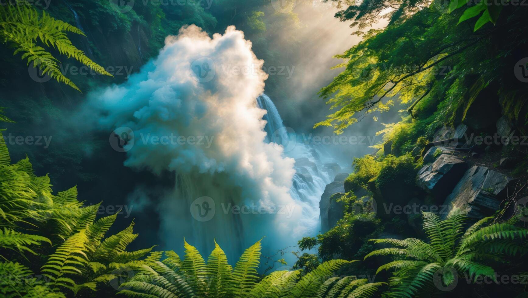 Waterfall Cascade Through Green Forest with Mist and Ferns photo