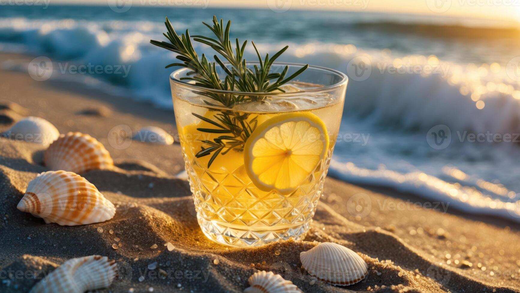 Refreshing Lemonade Glass on Sandy Beach with Ocean Waves at Sunset photo