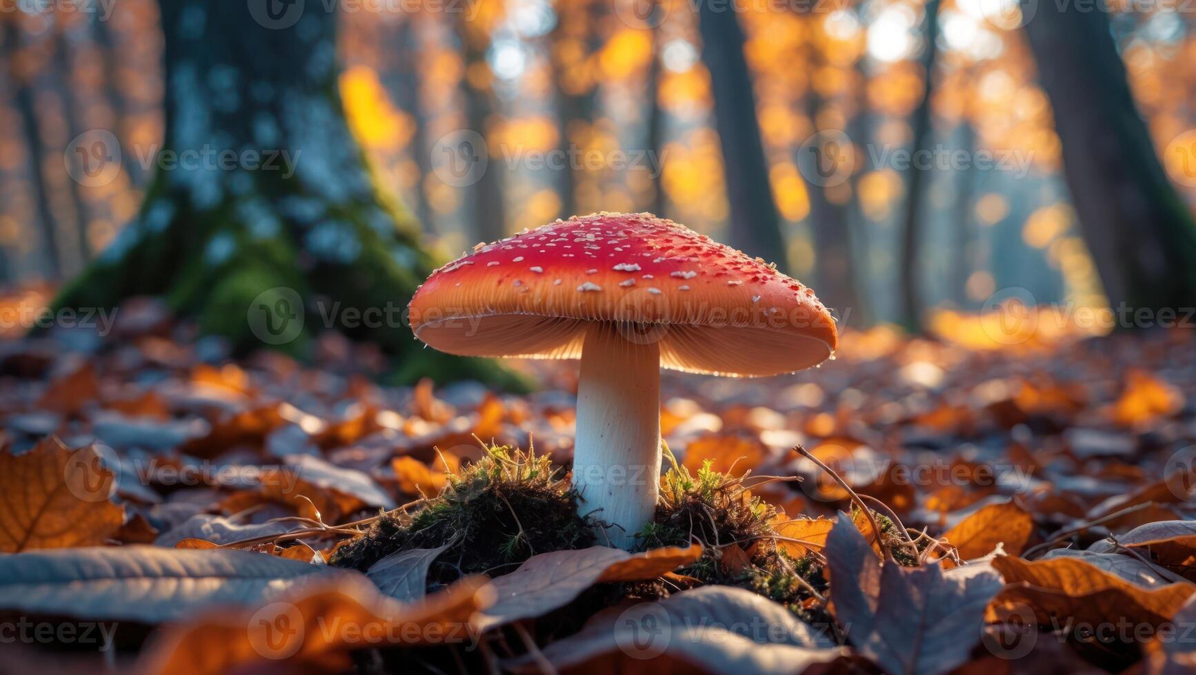 Red Mushroom Growing in Autumn Forest with Sunlight Shining Through photo