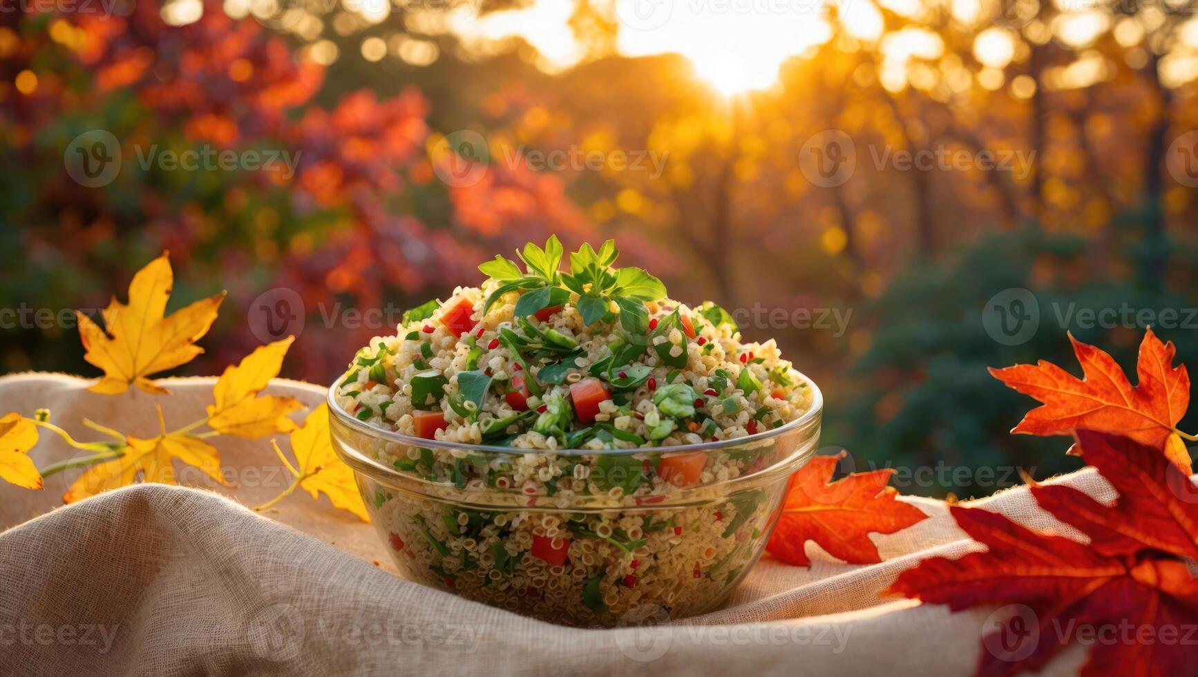 Fresh Quinoa Salad in Bowl with Autumn Leaves Outdoor Setting photo