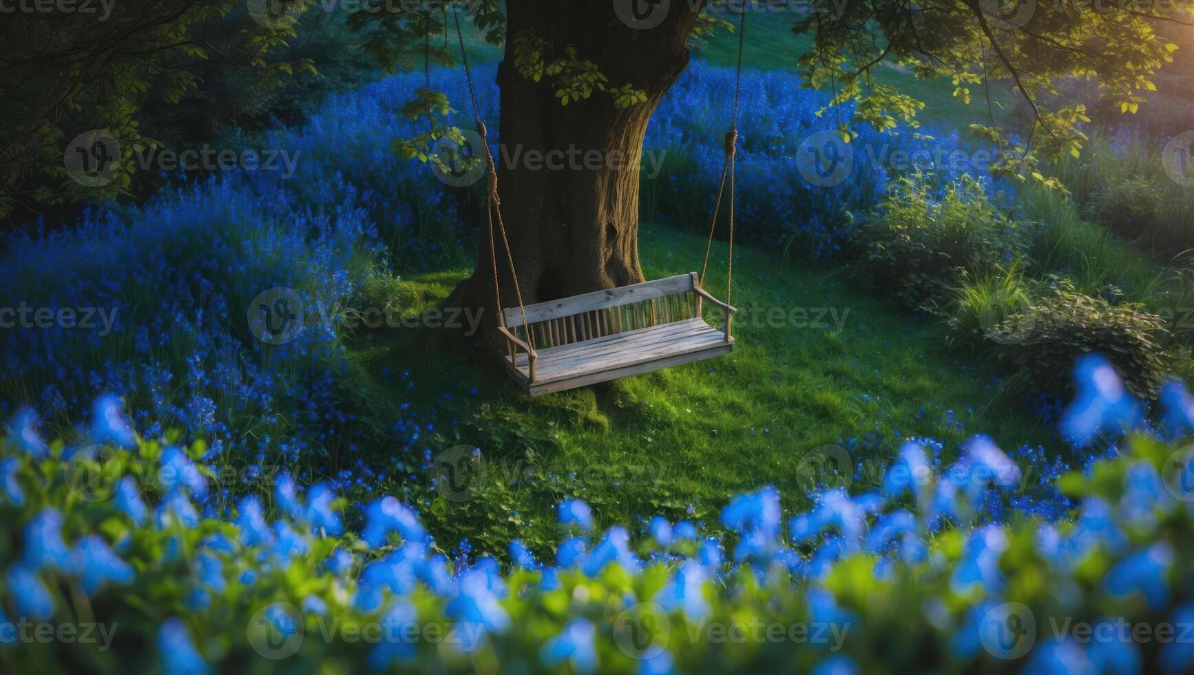 Wooden Swing Hanging From Tree Surrounded by Blue Wildflowers photo