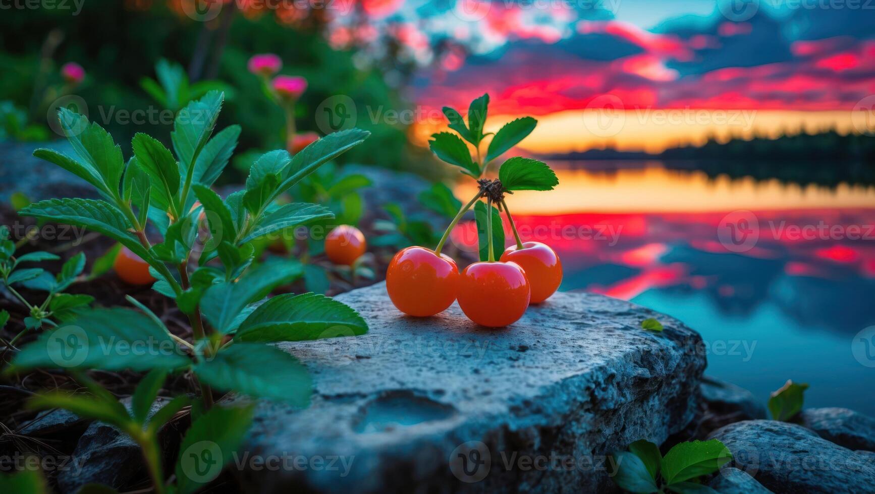 Cherries on Stone at Dusk Reflecting in Water Nature Scene photo