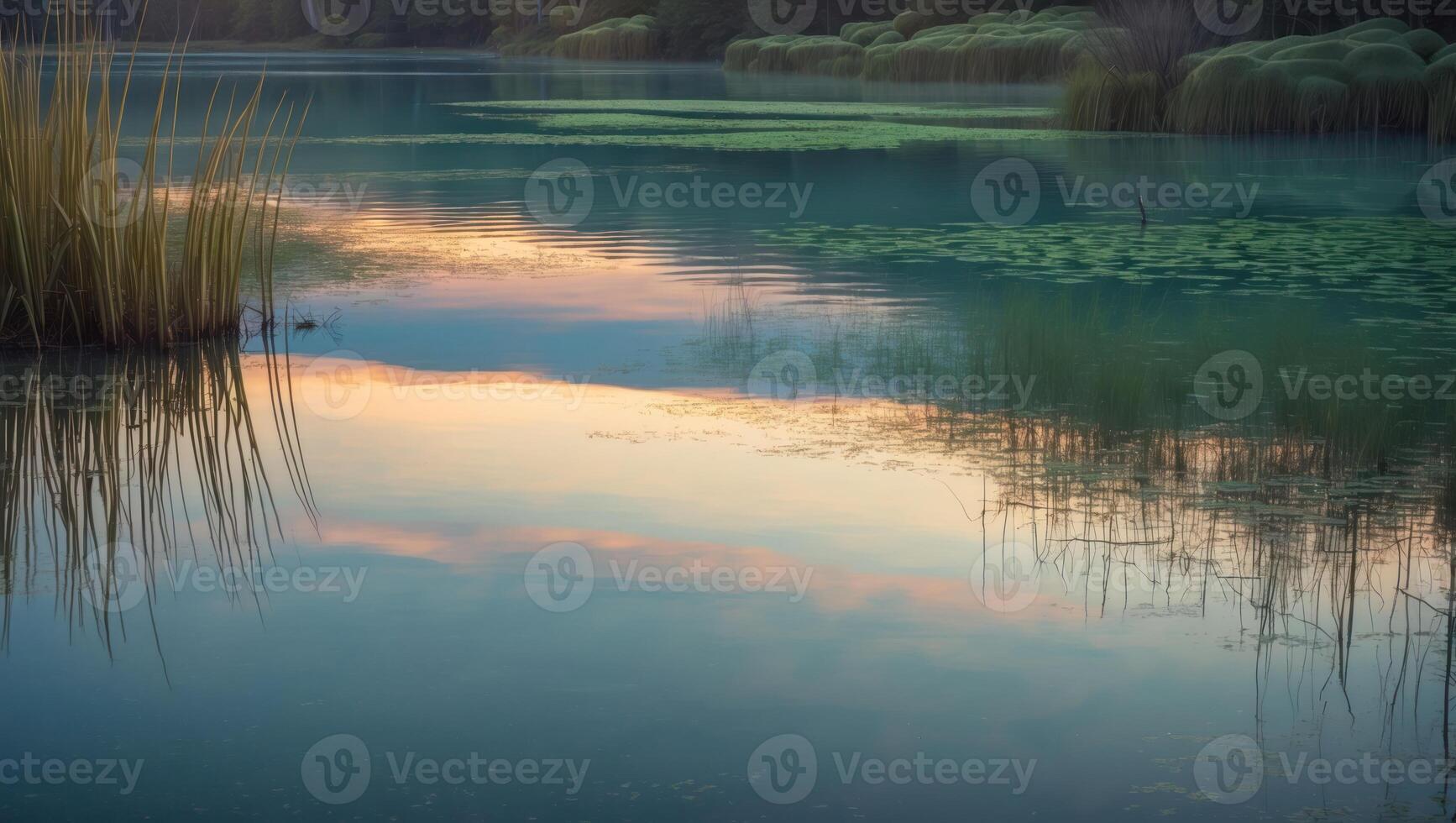 Tranquil Water Reflection at Dusk Featuring Reeds and Lily Pads photo