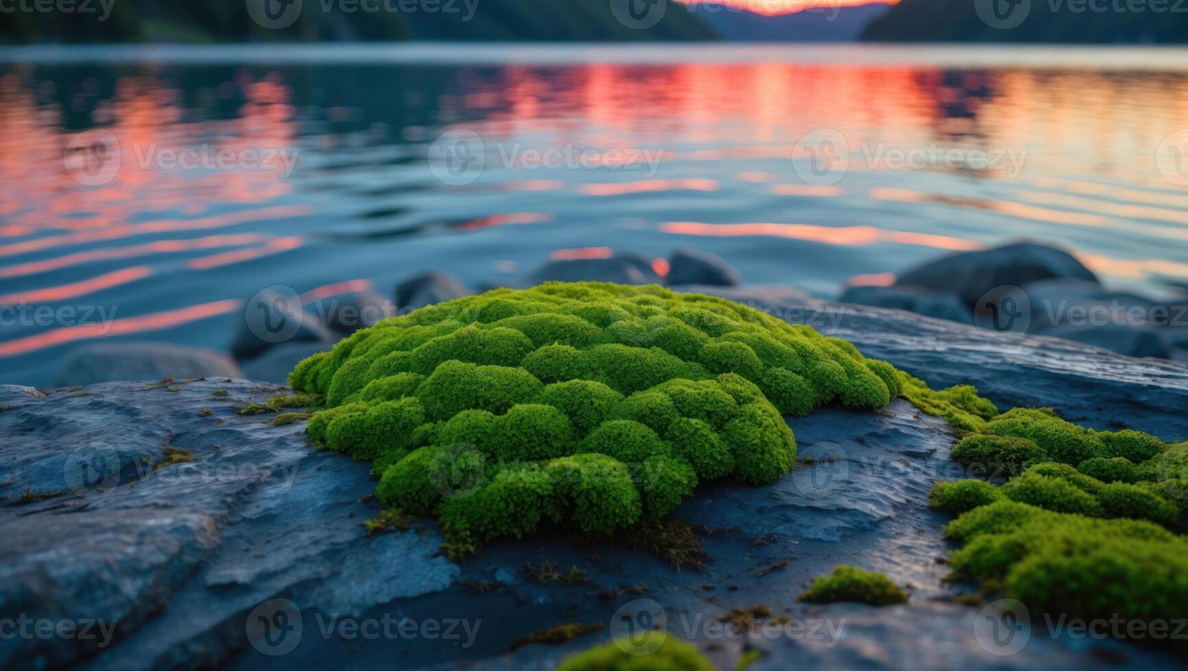 Moss Growing on Rocks by Lake at Dusk with Reflections photo