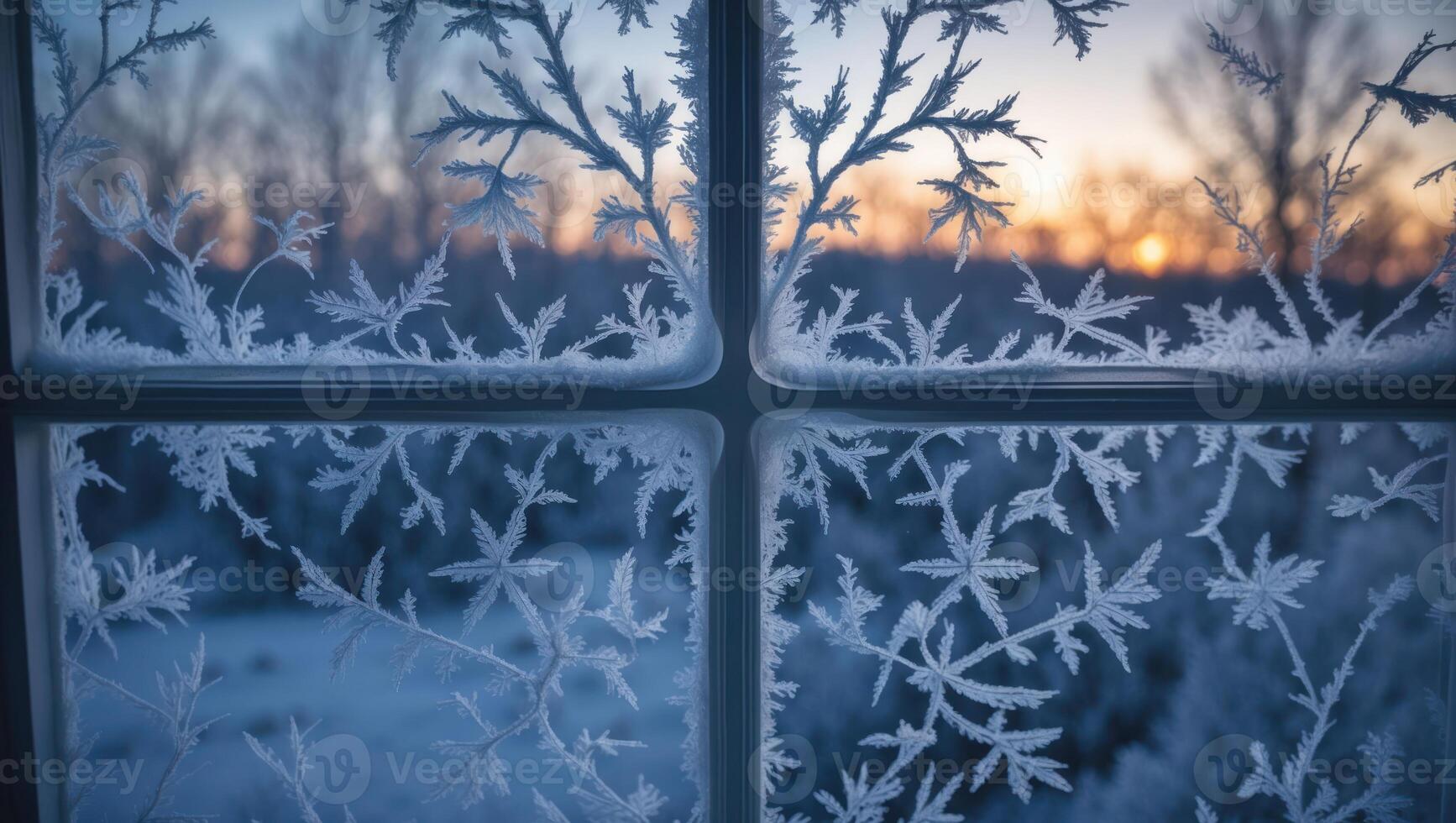 Frost Pattern on Window at Sunrise Winter Scene Nature View photo
