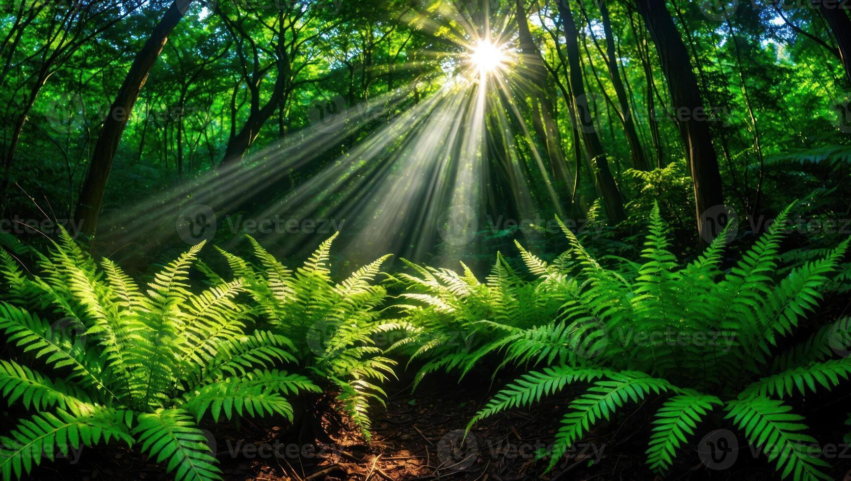 Sunlight Streaming Through Green Forest with Ferns on Forest Floor photo