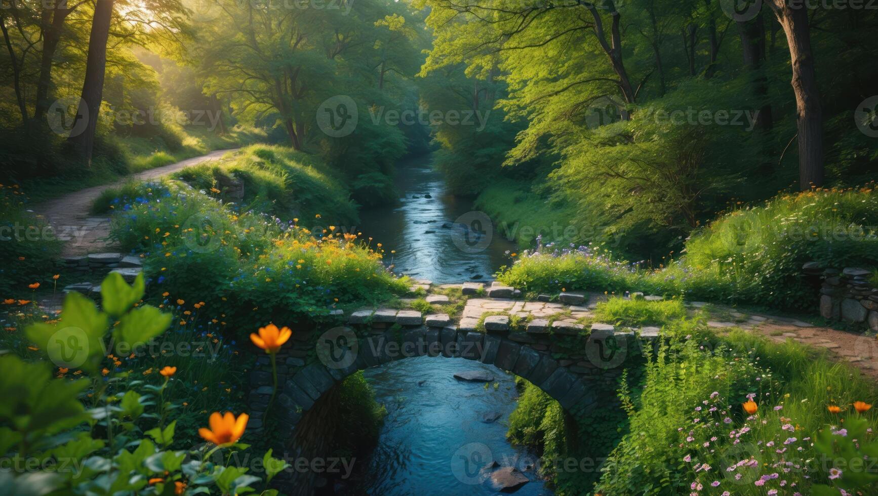 Stone Bridge Crossing Stream in Forest with Sunlight and Wildflowers photo