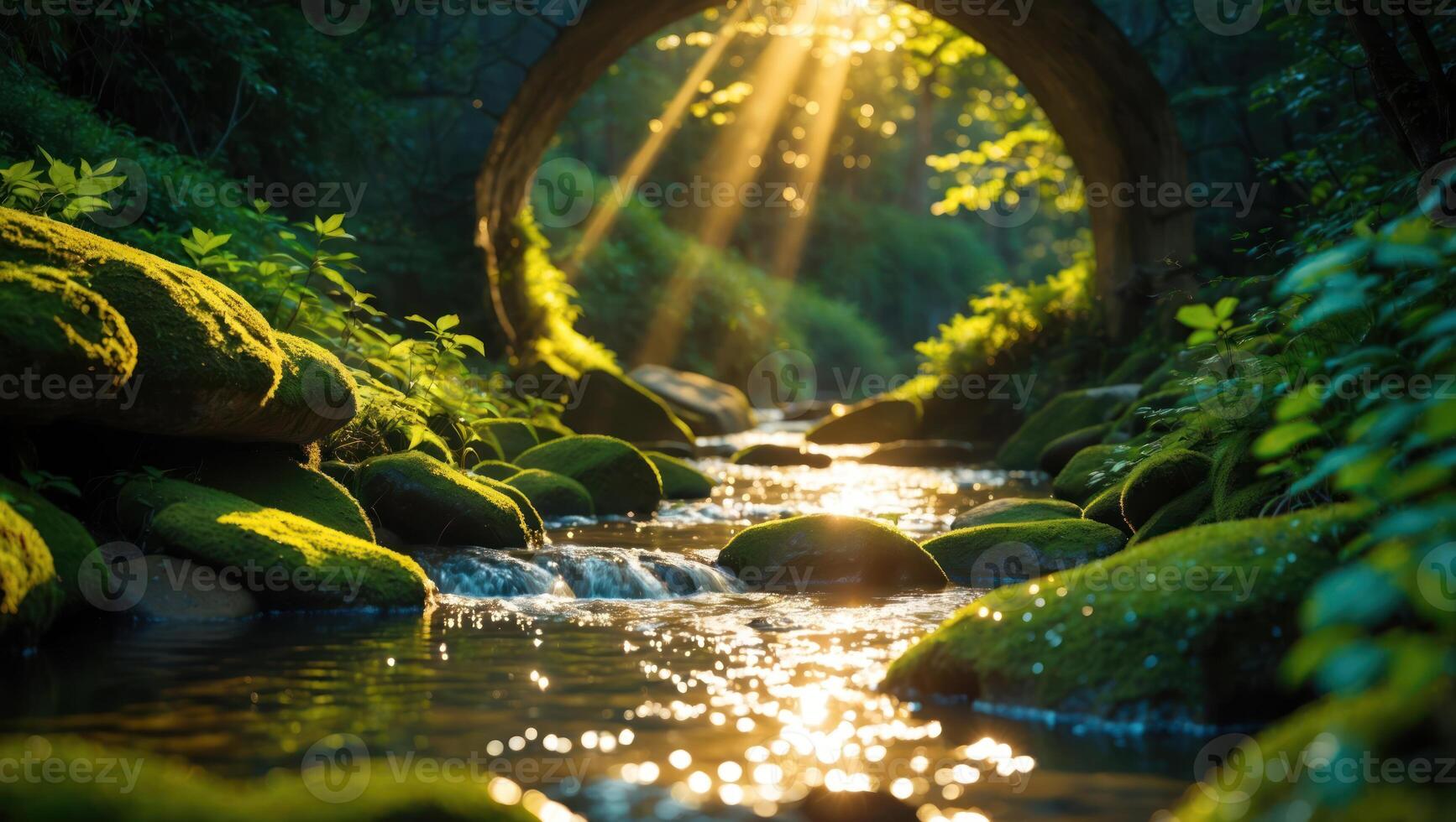 Stream Flowing Under Stone Bridge with Sun Rays Through Forest photo