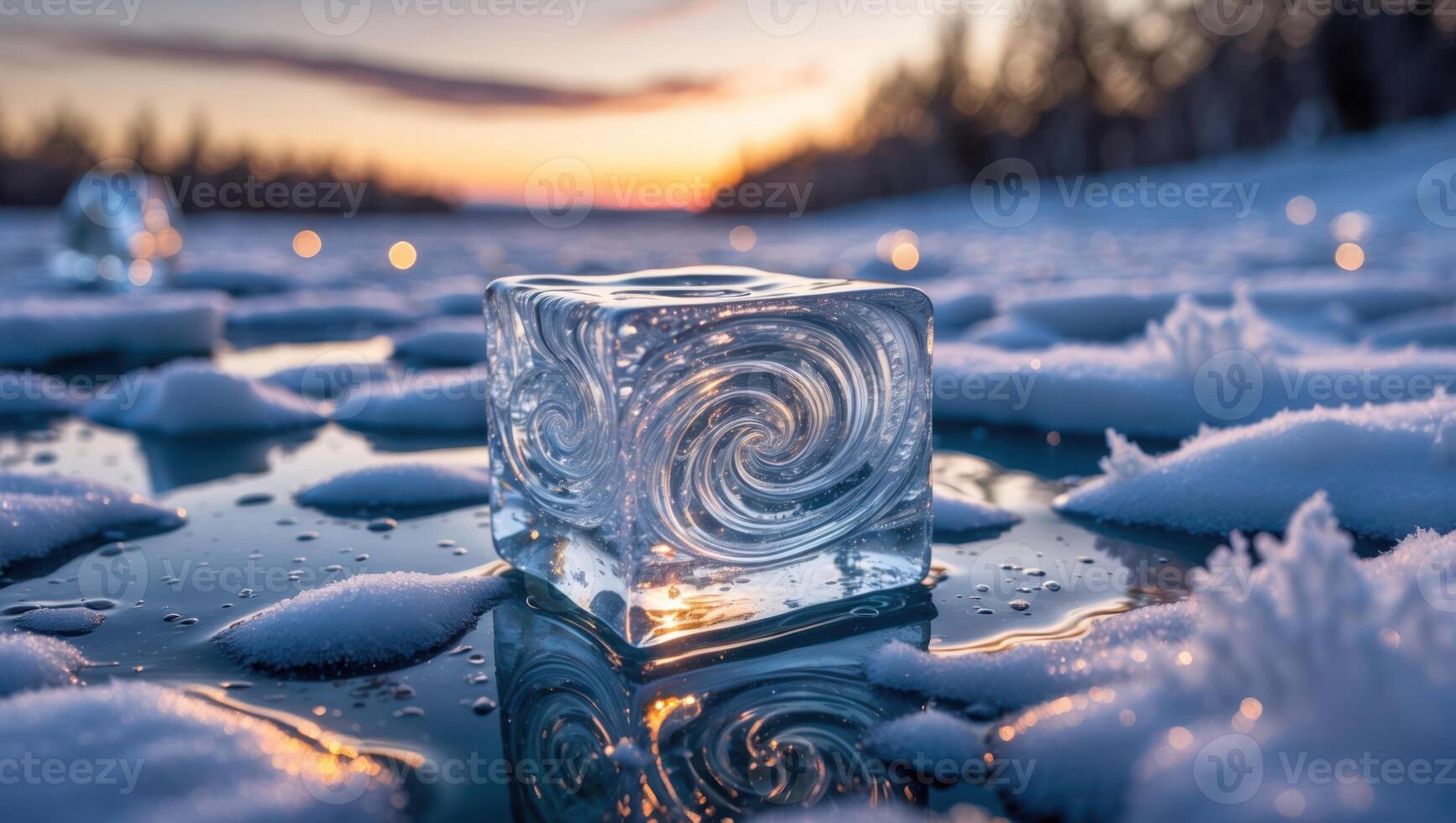 Ice Cube Reflecting Sunset on Frozen Lake with Snowy Shore photo
