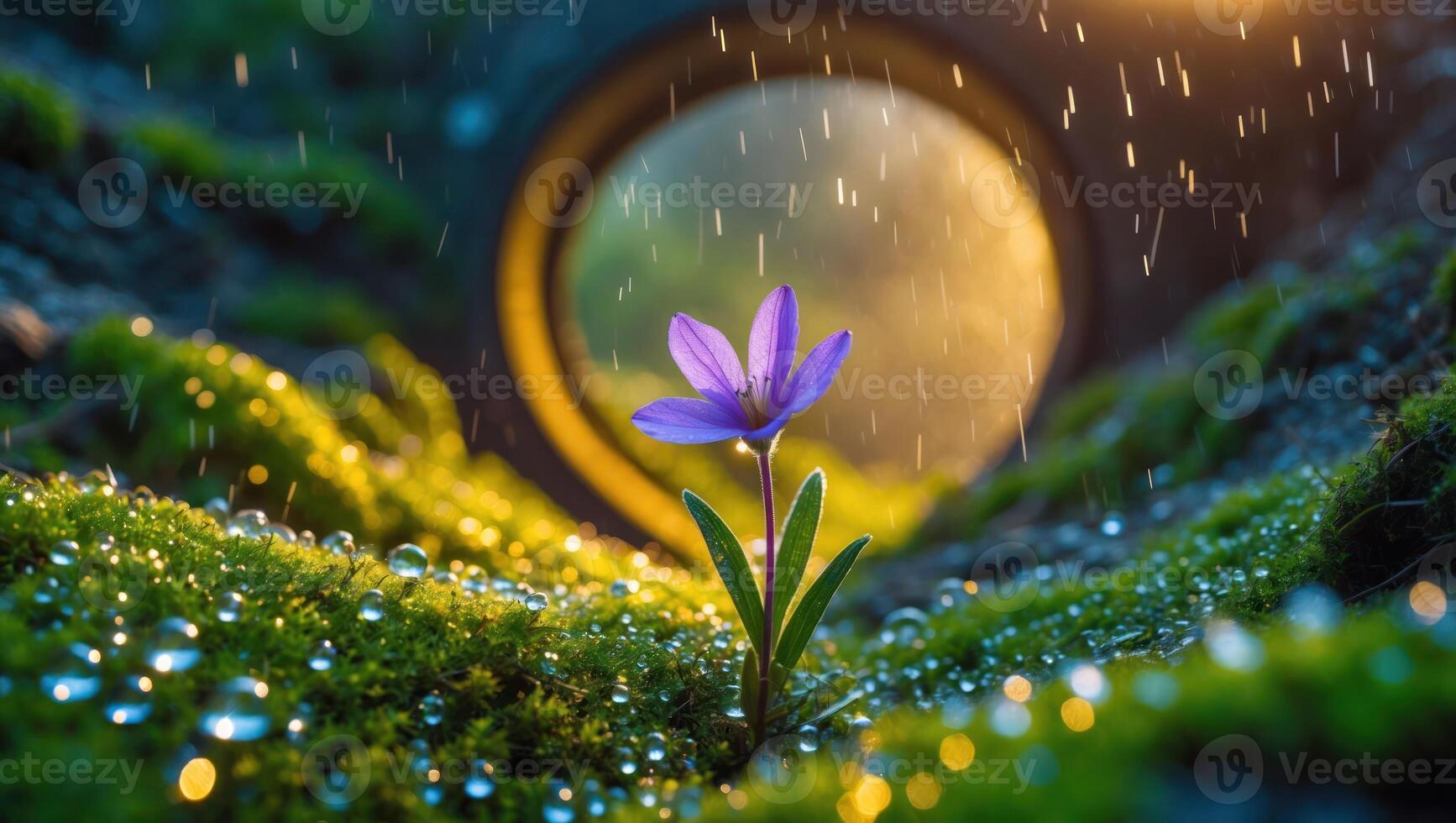 Single Purple Flower Blooming in Moss Garden During a Gentle Rain photo