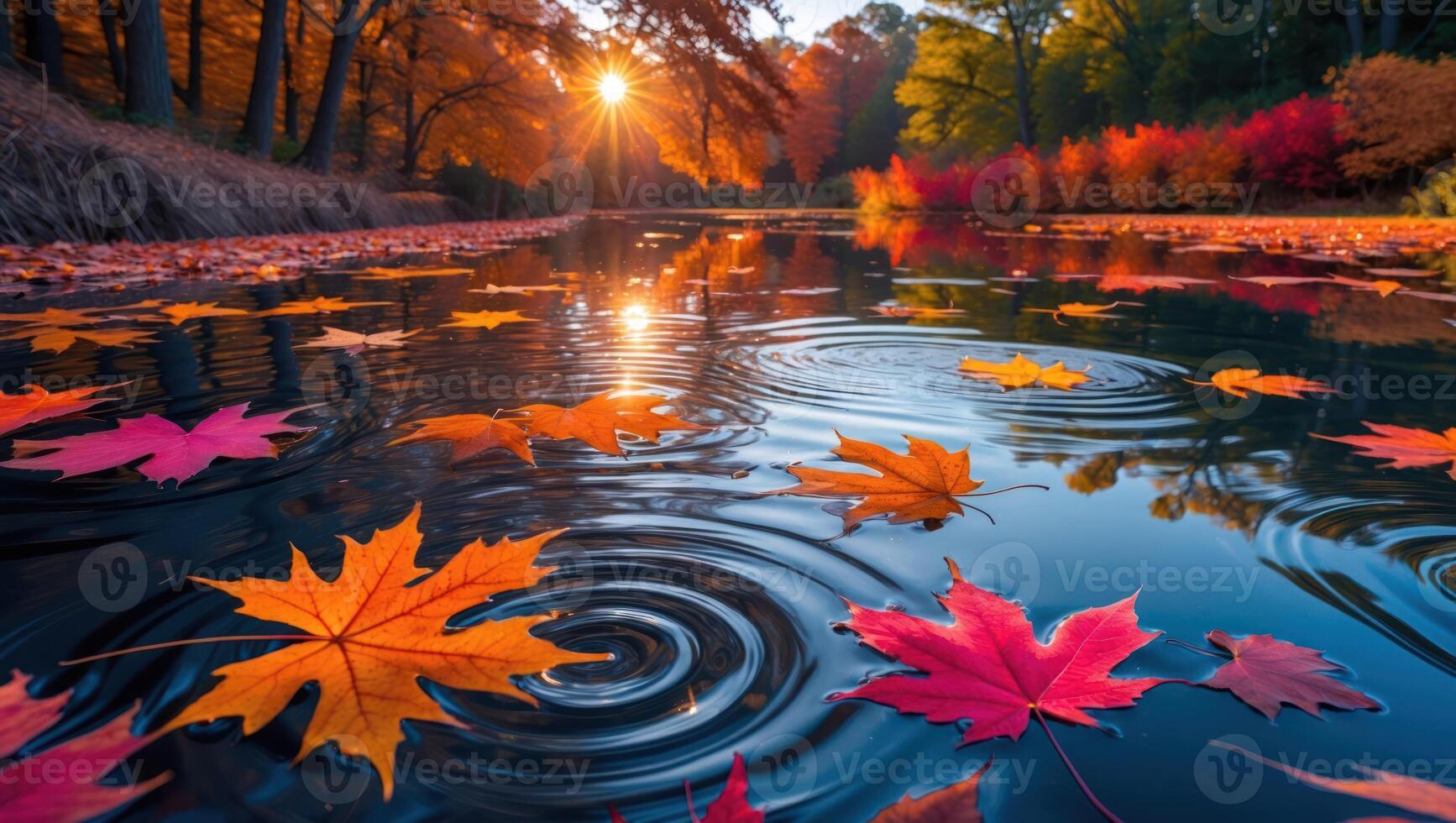 Autumn Leaves Floating on Lake Water at Sunset with Reflections photo