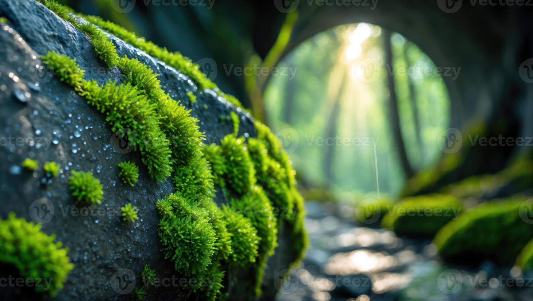 Moss Covered Rock in Forest with Light Streaming Through Trees photo