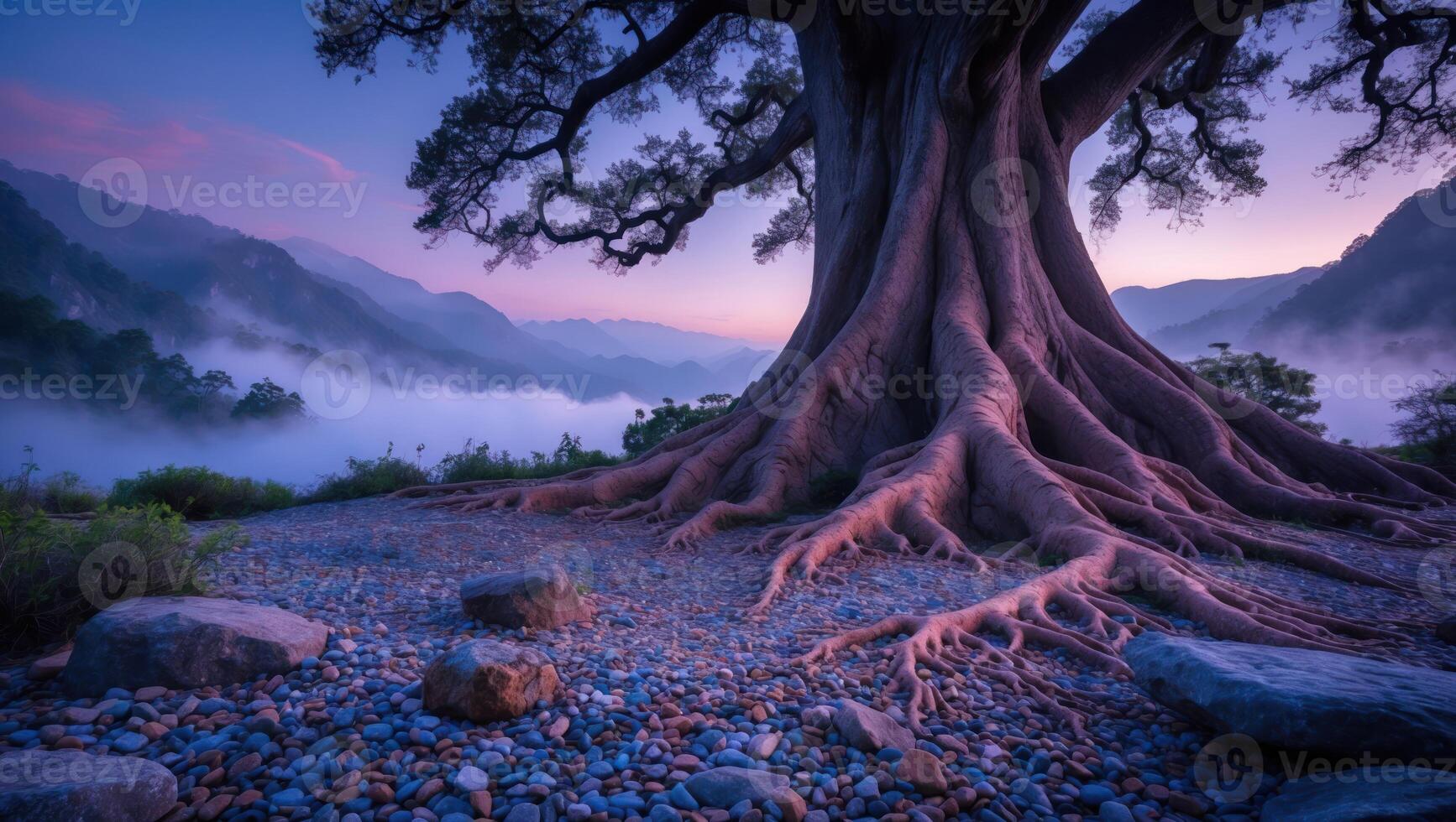 Ancient Tree with Sprawling Roots and Foggy Mountain Landscape photo