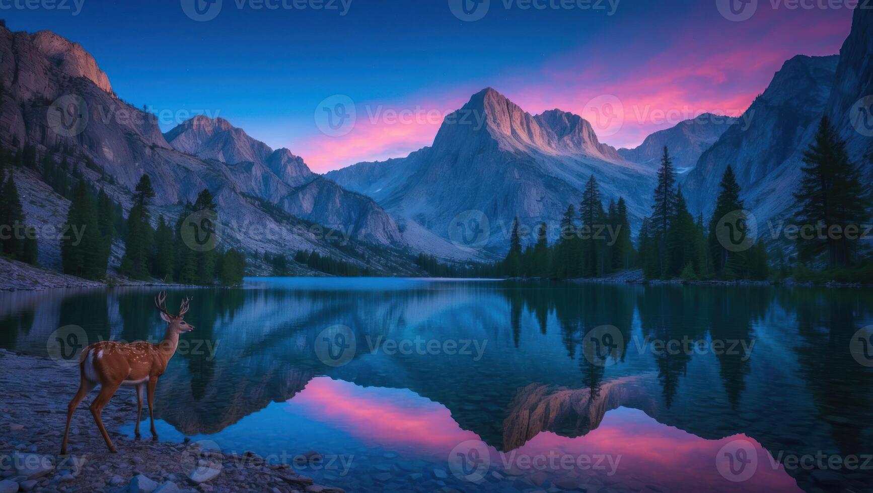 Deer by Mountain Lake at Dusk with Stunning Sky Reflection photo