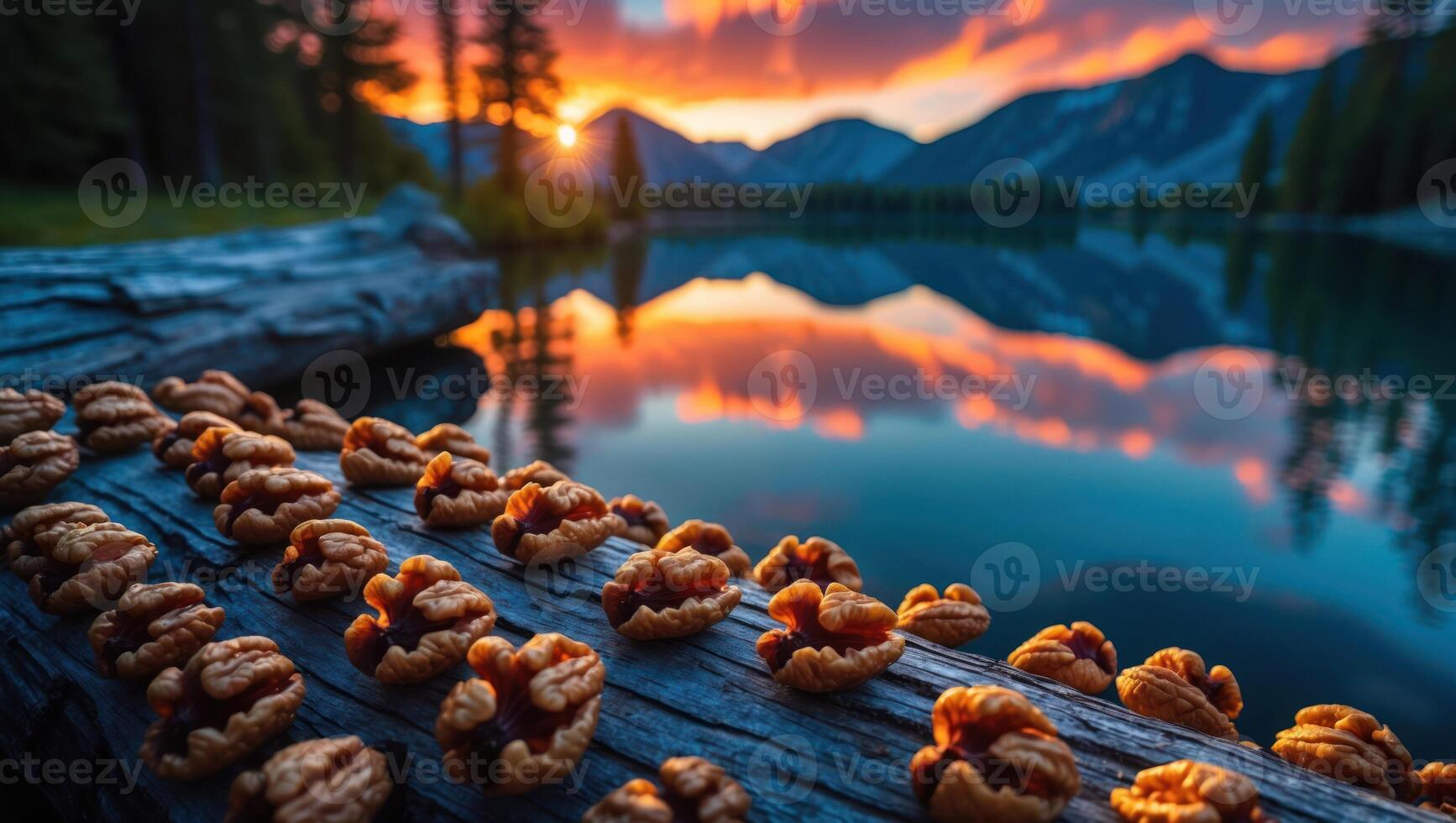 Walnuts Displayed on Log with Mountain Lake Sunset Reflection Scenery photo