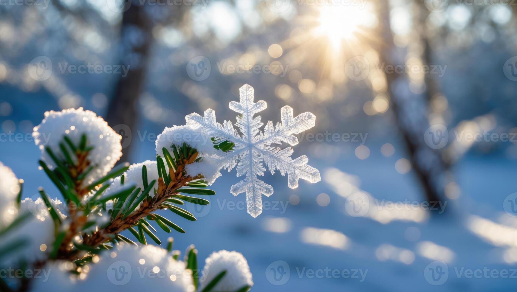 Snowflake on Pine Branch Sparkling in Winter Sunlight Close Up photo