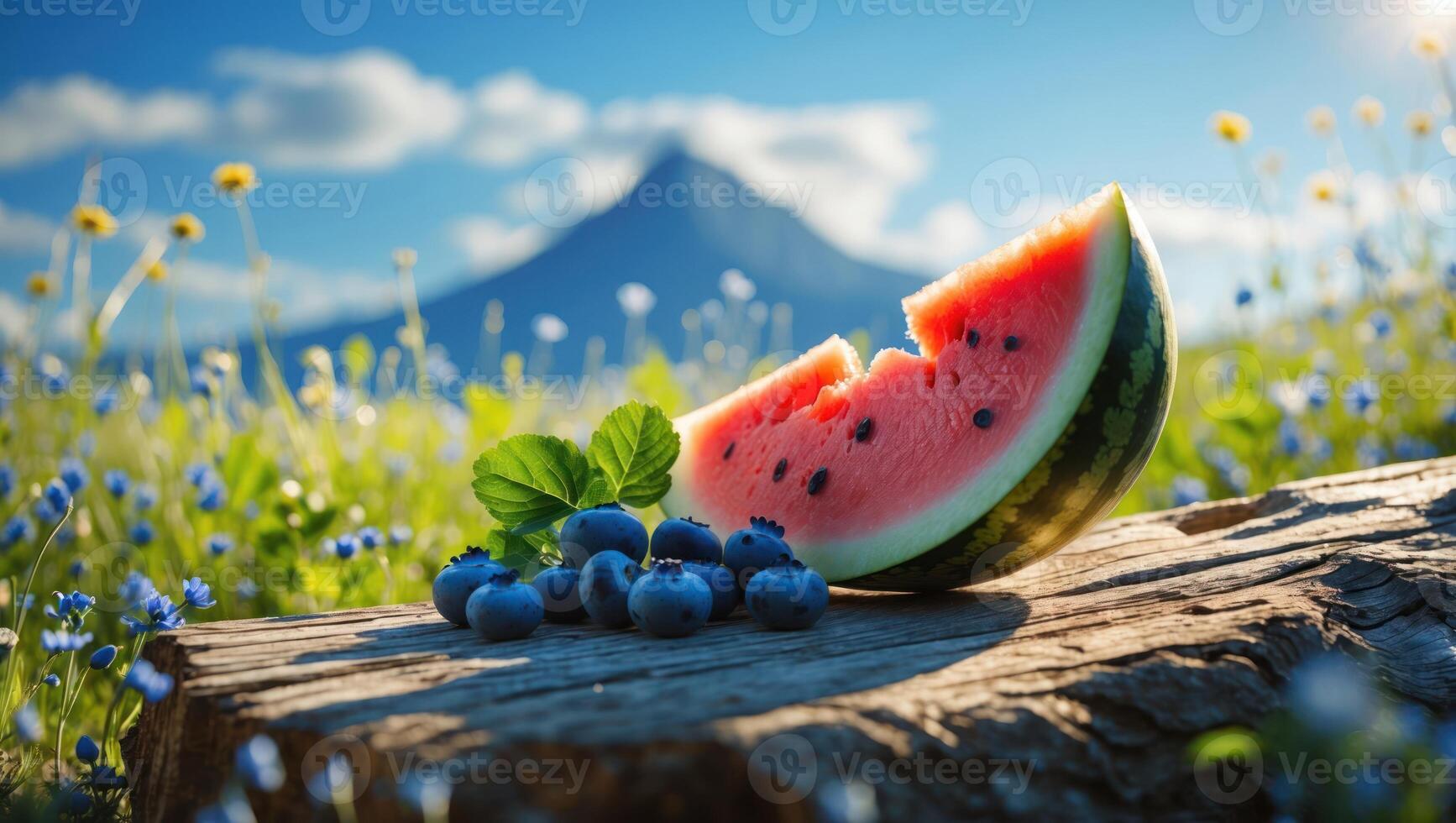 Watermelon and Blueberries on Wooden Log in a Summer Meadow photo