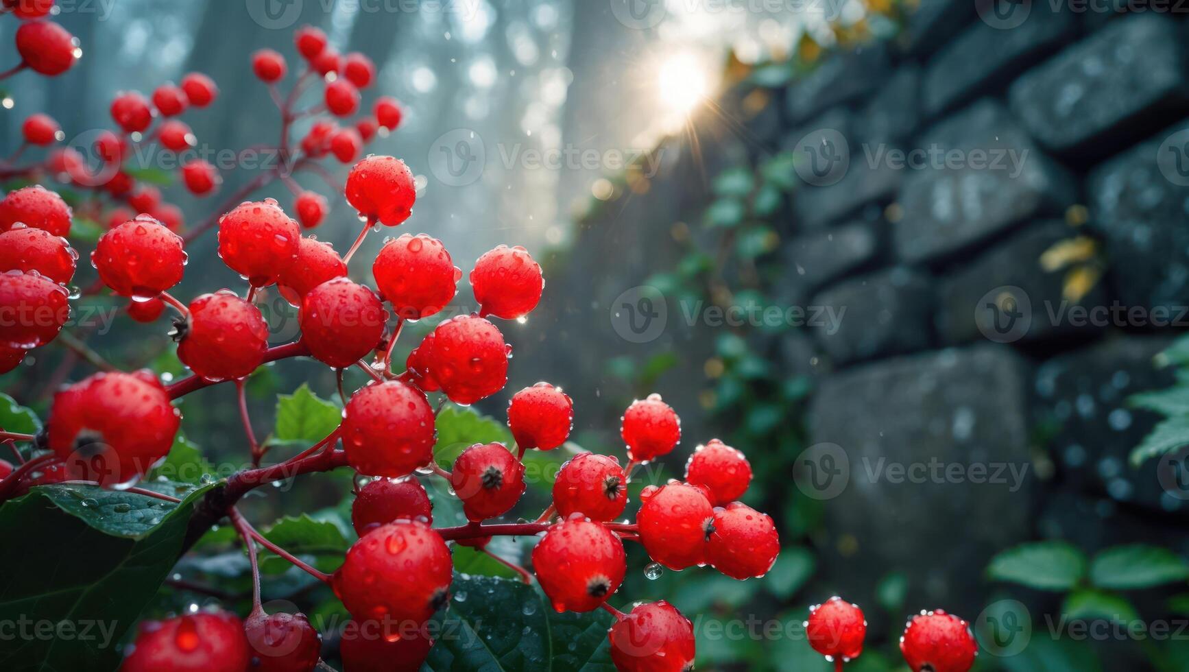 Bright Red Berries Sparkle with Raindrops Near a Stone Wall photo
