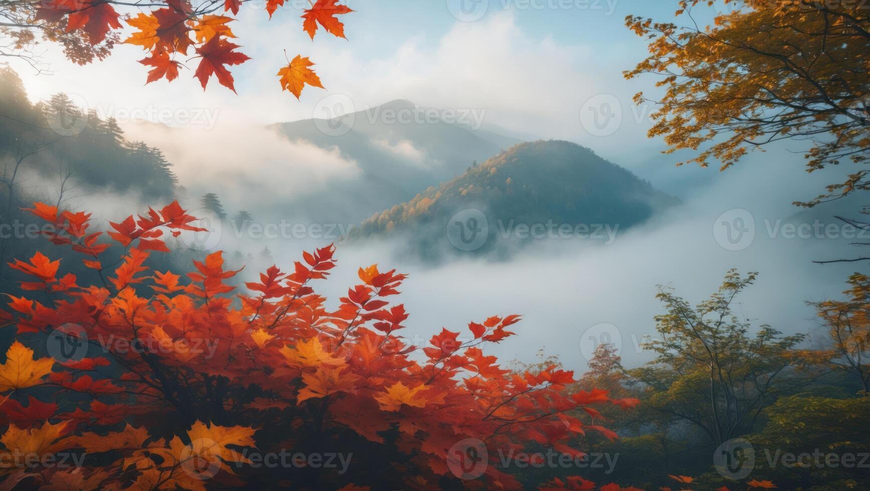 Autumn Leaves Frame Misty Mountain Landscape in Scenic Nature View photo