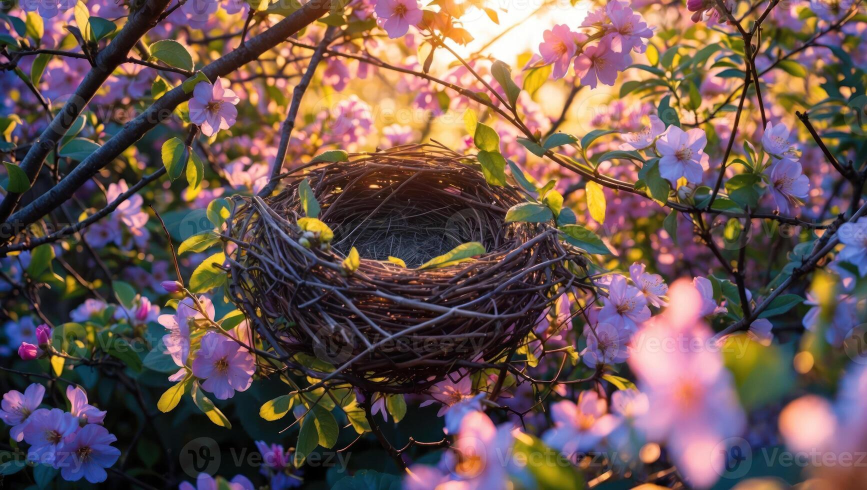 Bird Nest in Flowering Tree at Sunset - Springtime Scene photo