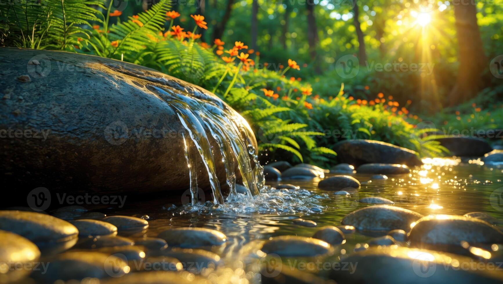 Water Flowing Over Rock Into Stream with Orange Flowers in Forest photo
