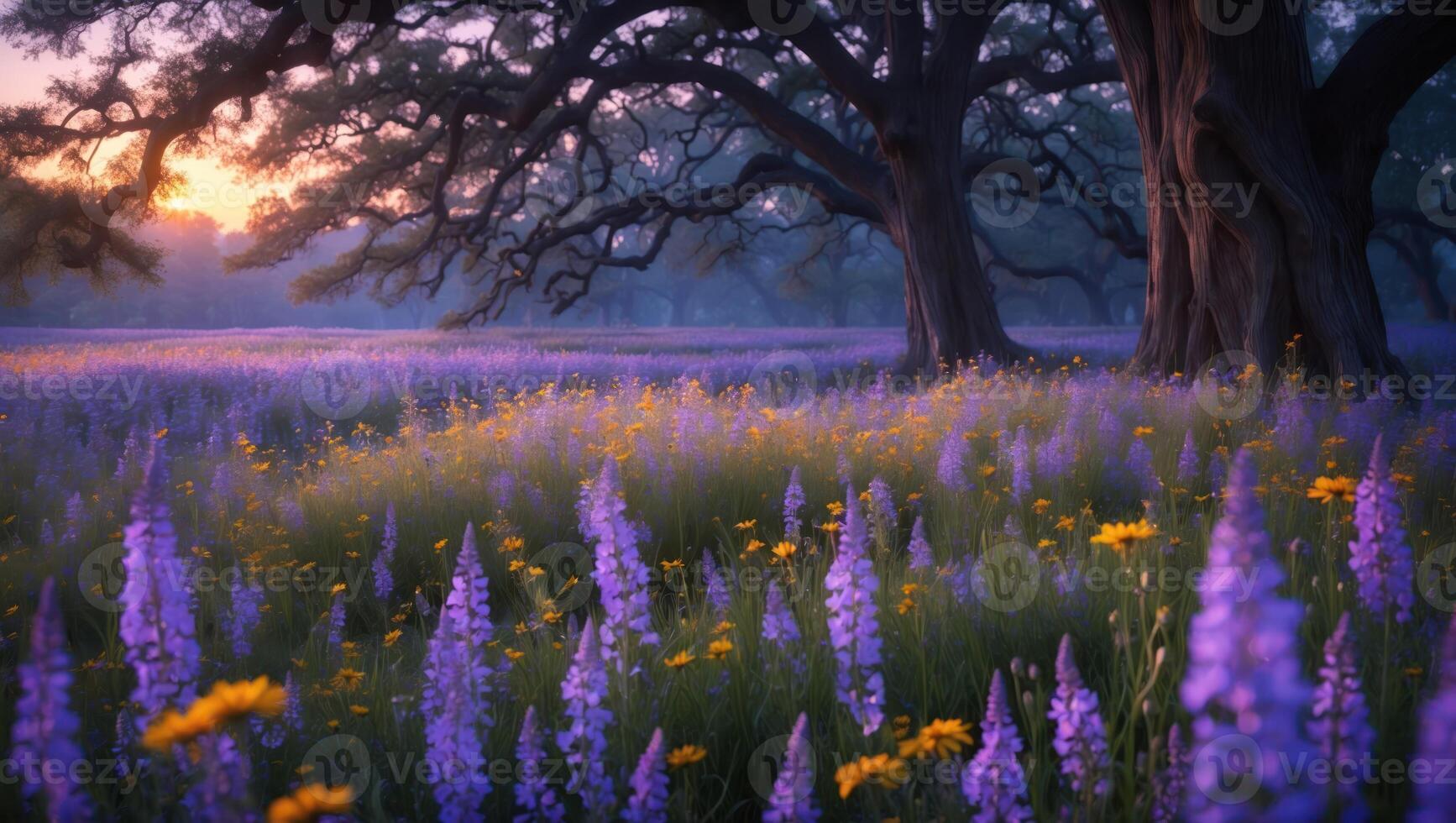 Blooming Meadow with Wildflowers at Twilight Underneath Large Trees photo