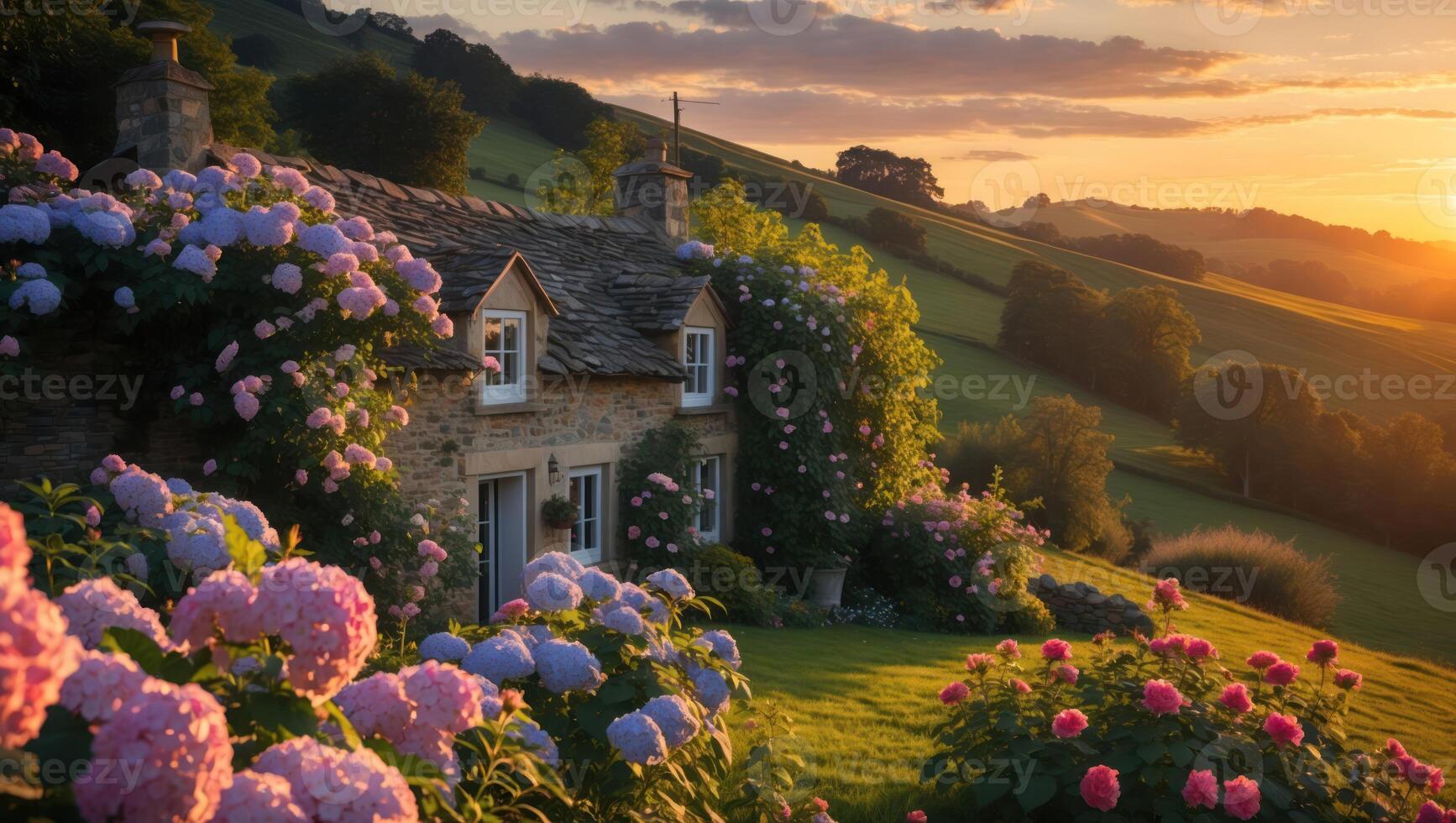 Charming Stone Cottage Garden at Sunset with Pink Hydrangeas photo