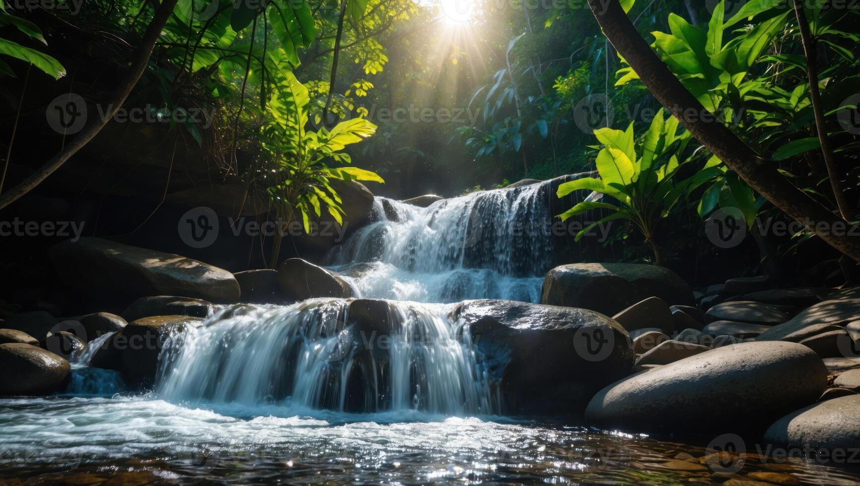 Cascading Waterfall Flows Through Lush Tropical Forest with Sunlight photo