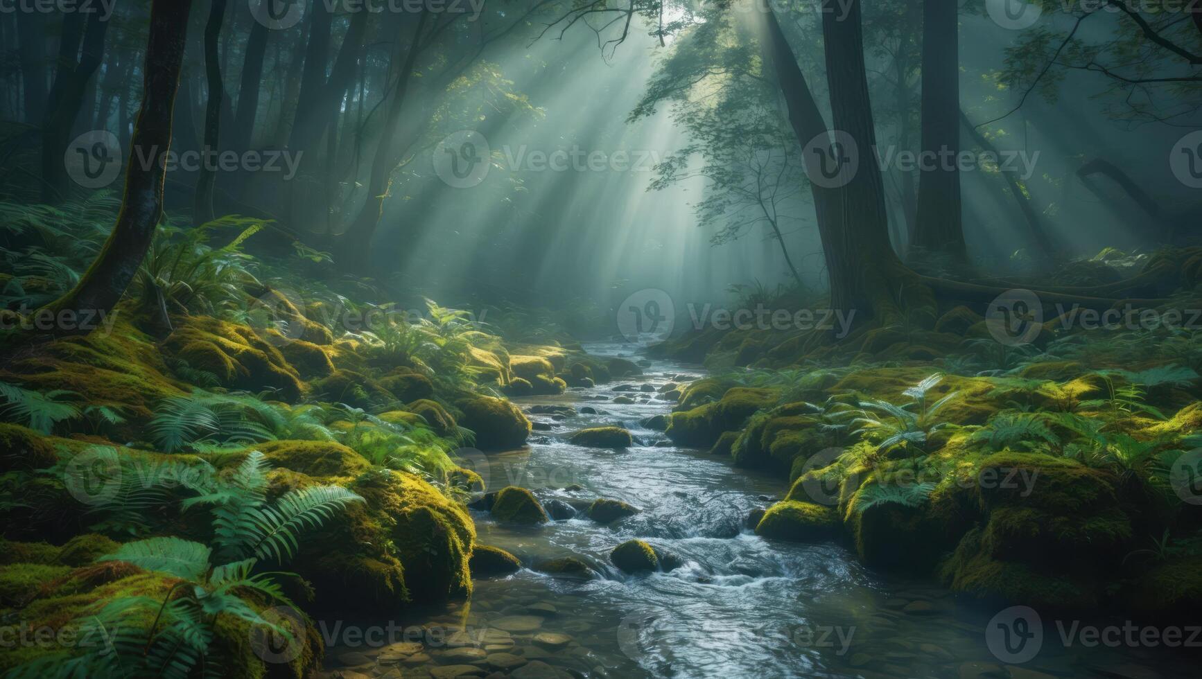 Flowing Stream Through Forest with Sunlight Creating a Mystical Atmosphere photo