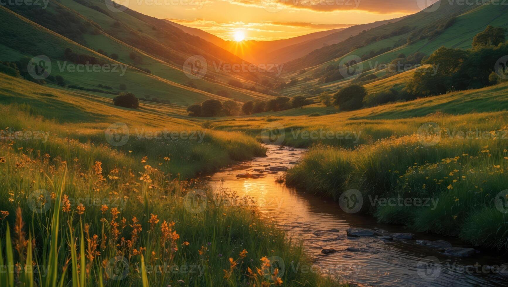 River Flowing Through Green Valley at Sunset with Golden Light photo