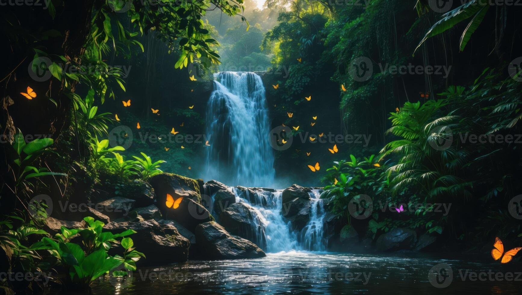 Waterfall Flows in Tropical Jungle with Butterflies Fluttering Around Peacefully photo