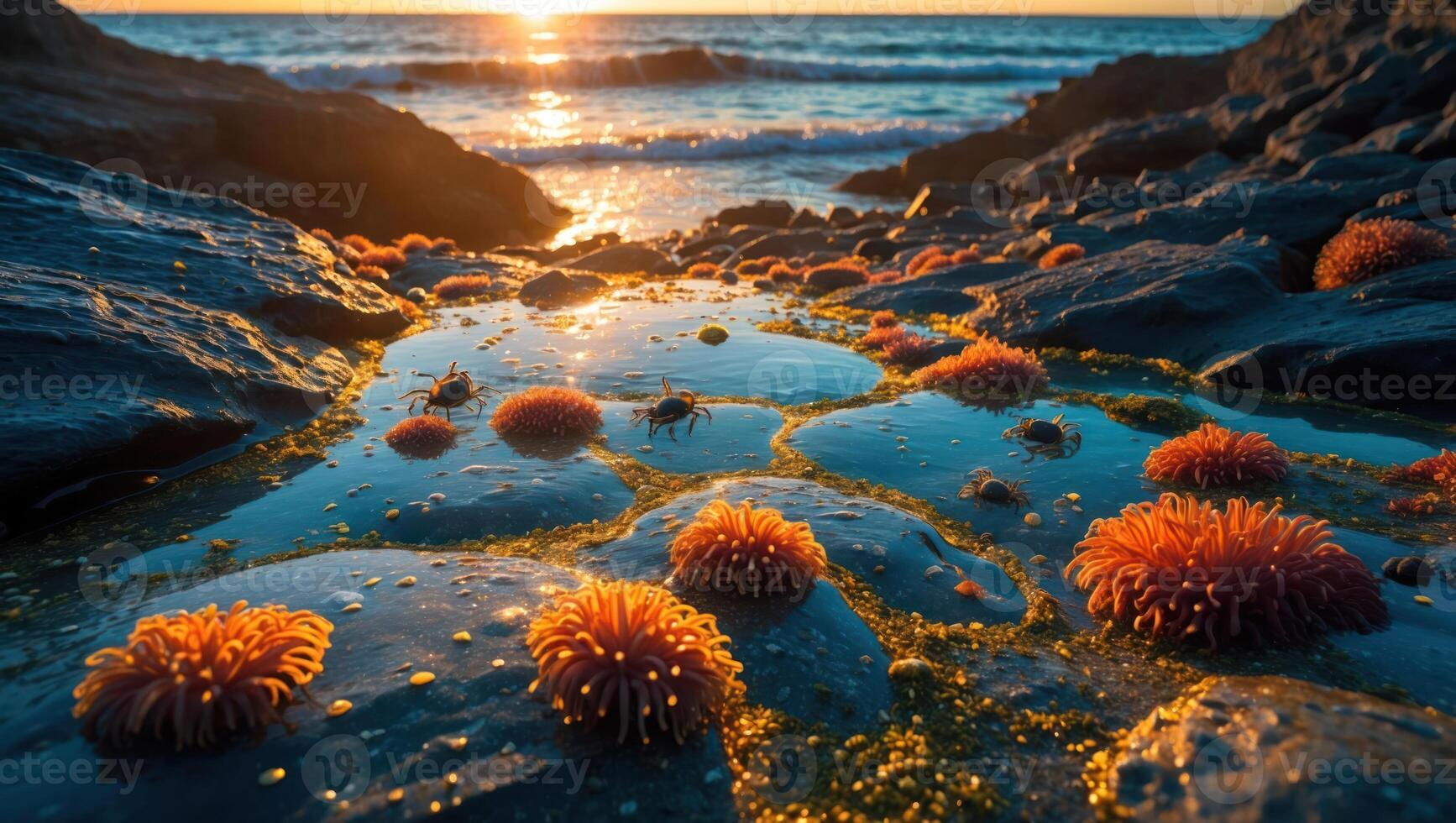 Rocky Beach at Sunset with Sea Anemones and Tide Pools photo