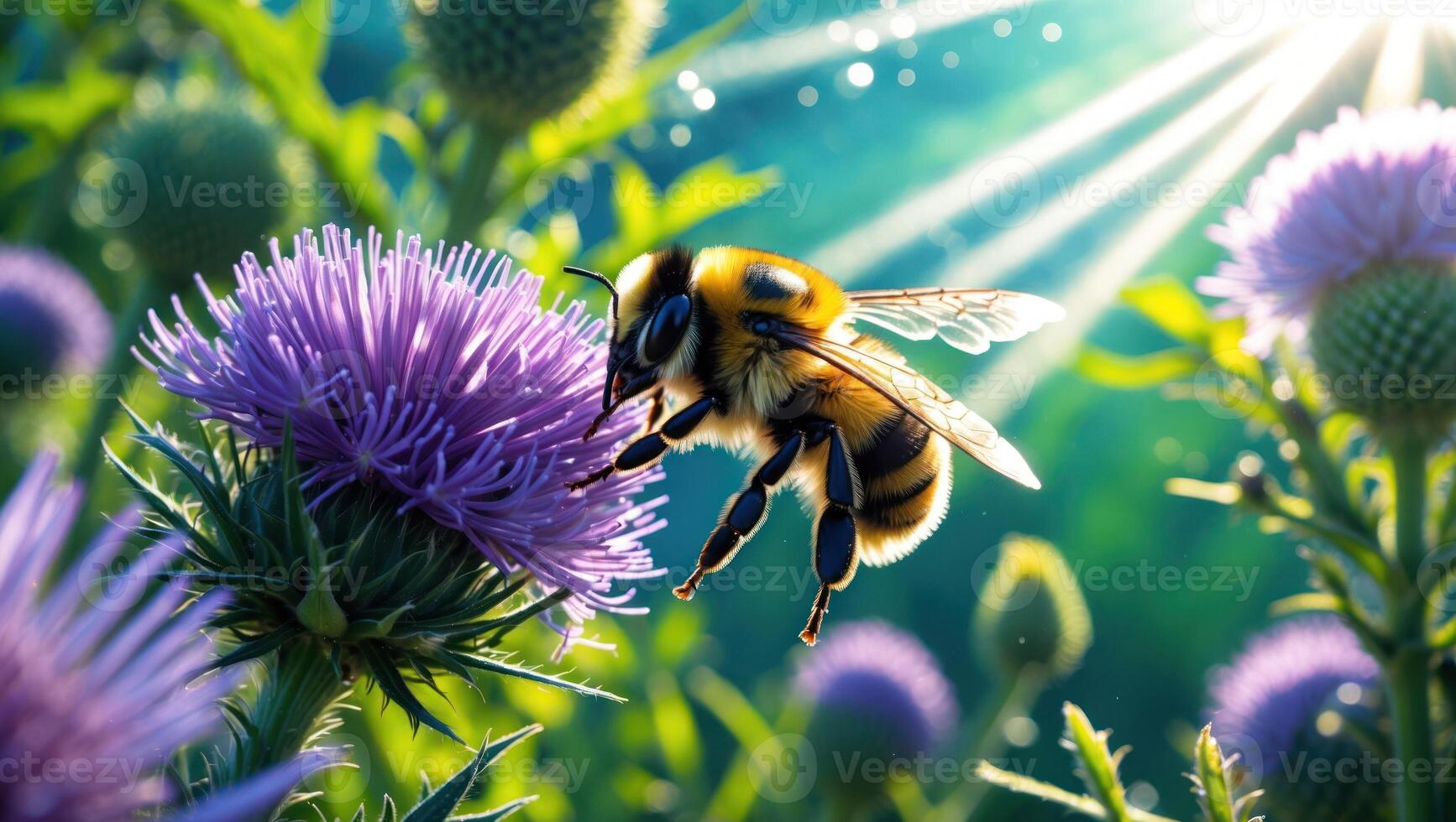 Honeybee Gathering Pollen on Purple Flower in Sunny Meadow photo