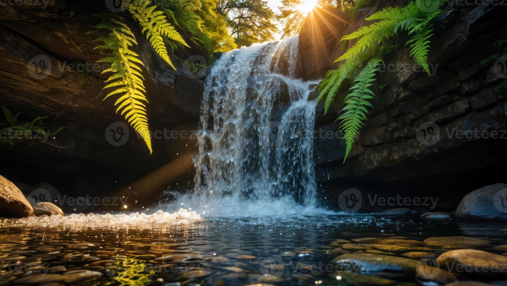 Waterfall Cascading Into Pool with Ferns and Sunlight Bursting Through photo