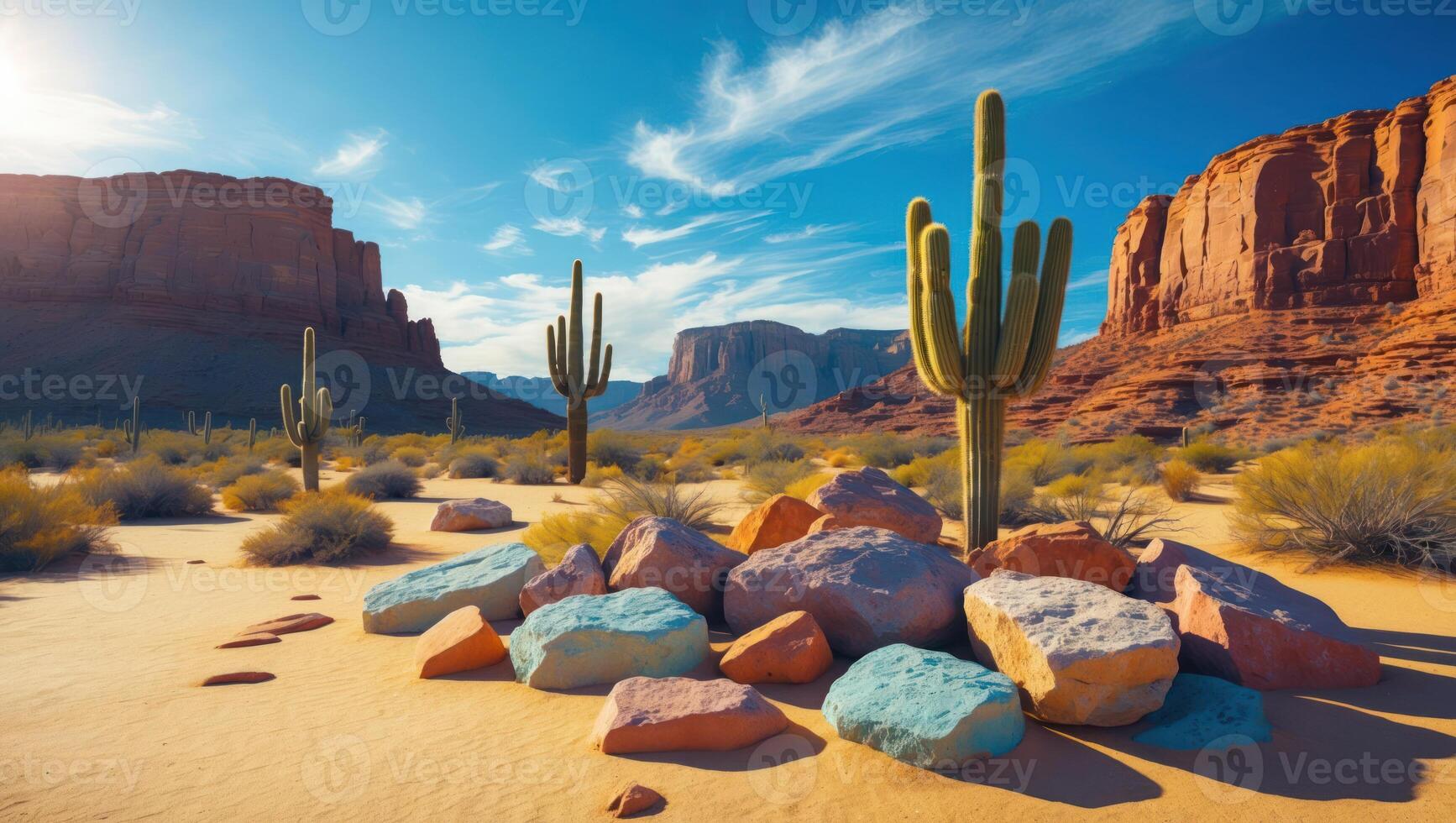Cactus Standing in Desert Landscape with Colorful Rocks and Blue Sky photo