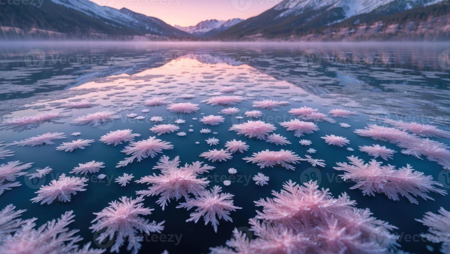 Ice Flower Formations on Mountain Lake Surface at Early Morning photo