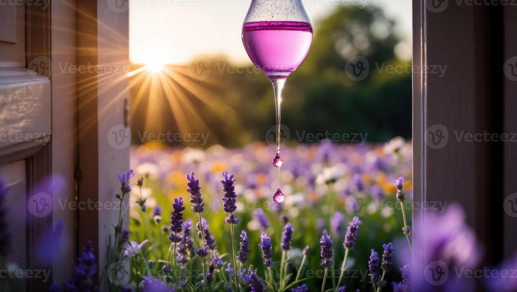 Wine Drips in Field with Lavender Through Open Door at Sunset photo