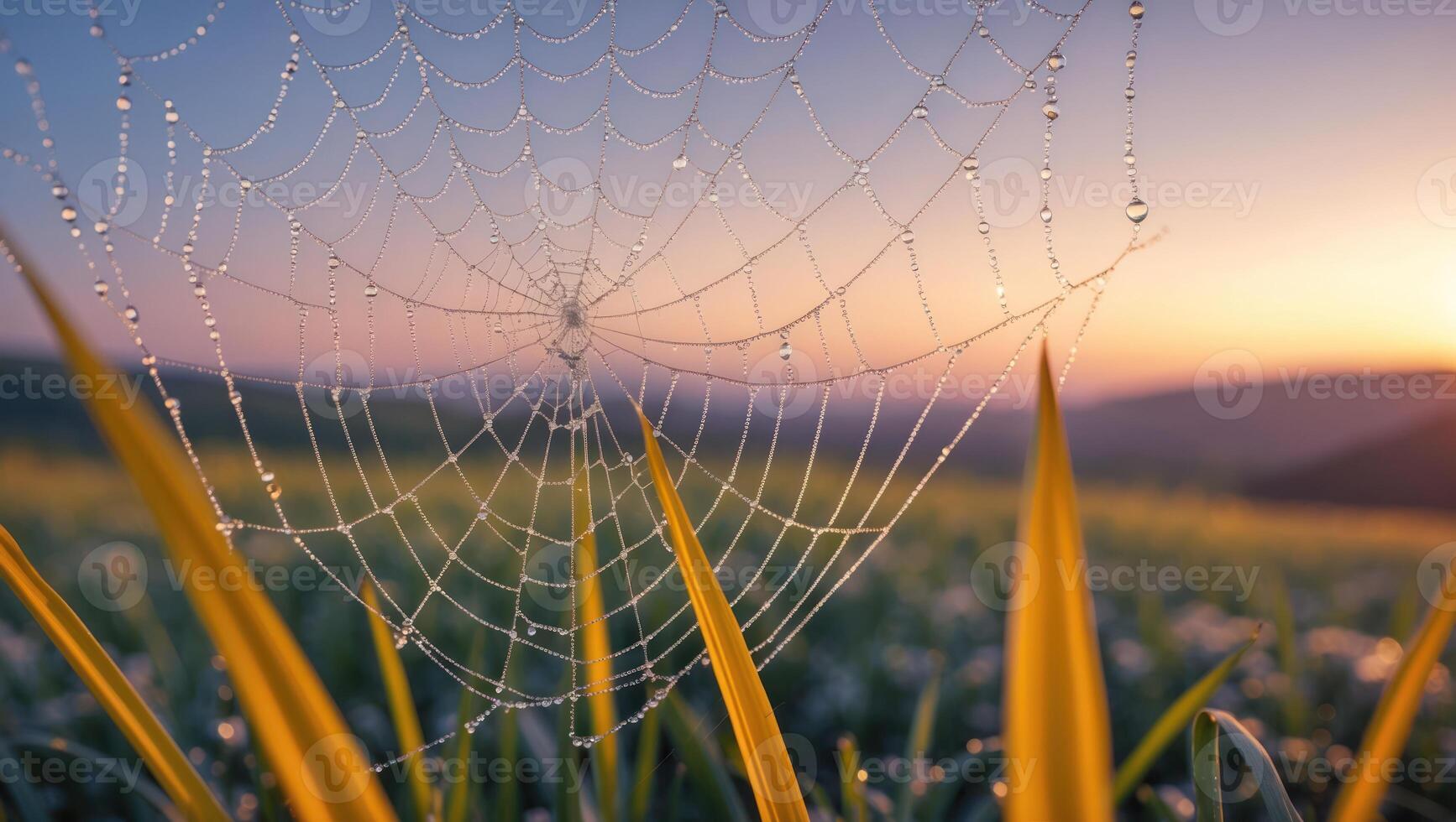 Spiderweb with Dew at Sunrise Over Grassy Field Landscape photo