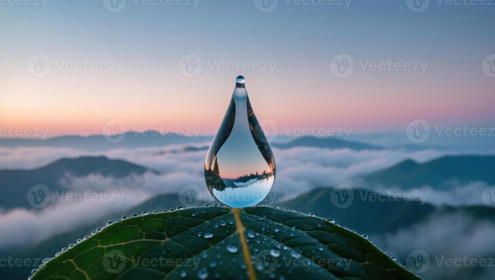Water Drop Reflecting Mountainous Landscape on Leaf with Early Morning Sky photo