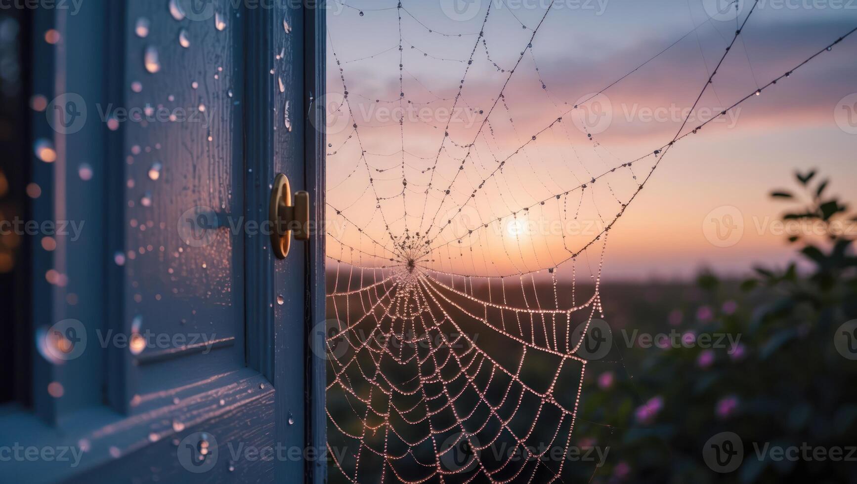Spiderweb Dewdrops Sunrise Seen Through Door Offering Fresh Perspective photo
