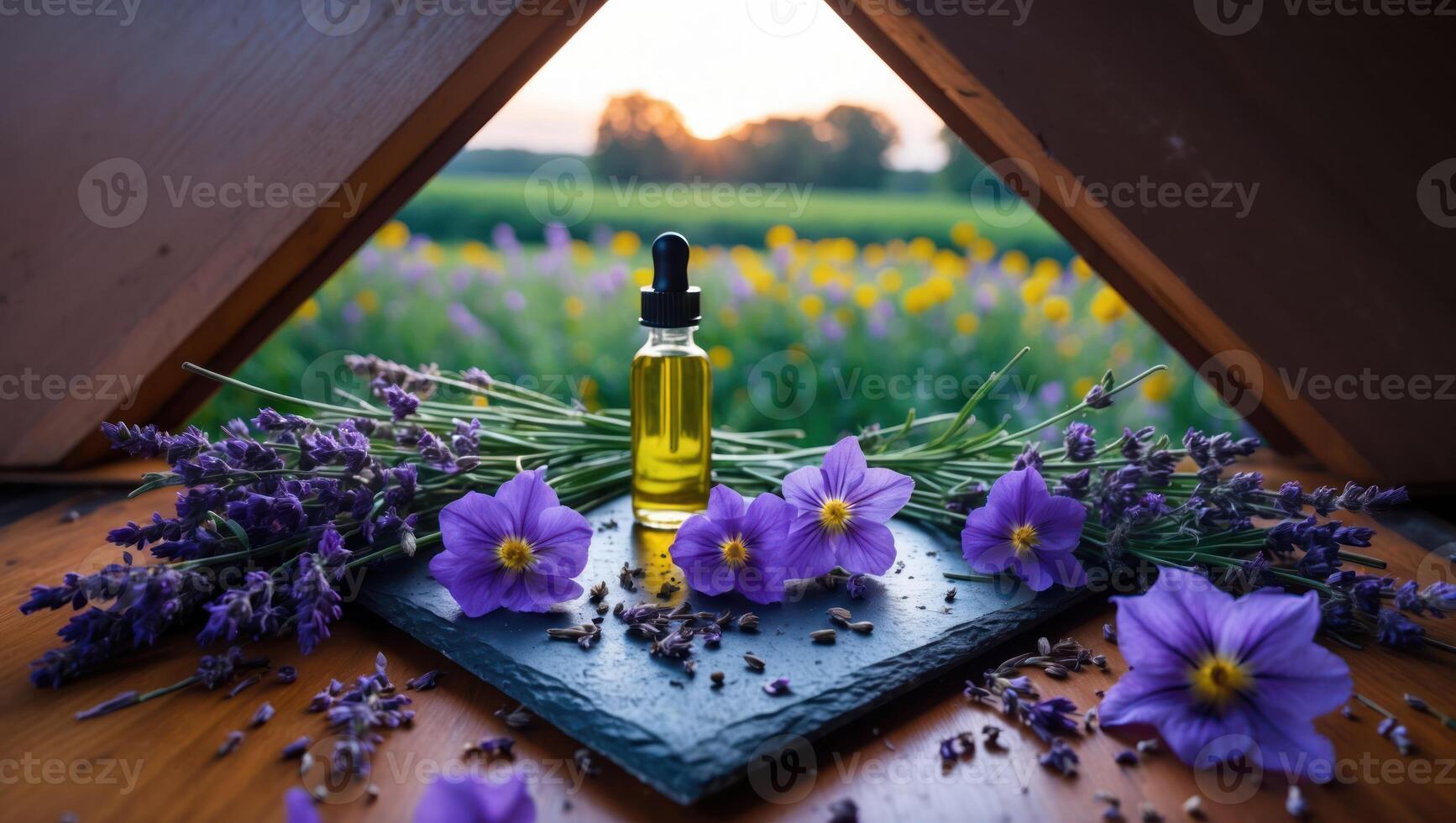 Essential Oil and Lavender Blossoms on Slate with Field View photo