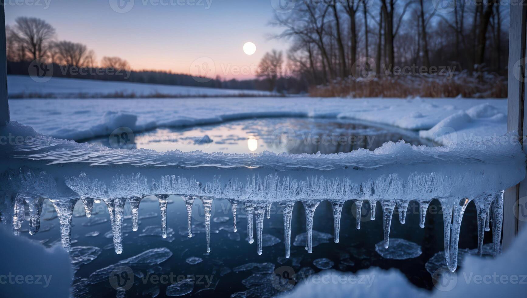Frozen Lake Edge with Icicles at Dusk Reflecting Sky and Moon photo