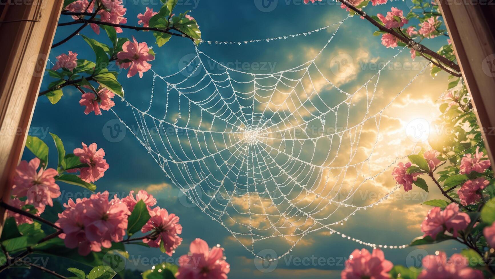 Dew Covered Spiderweb and Blossoms Against Sky Seen From Window photo