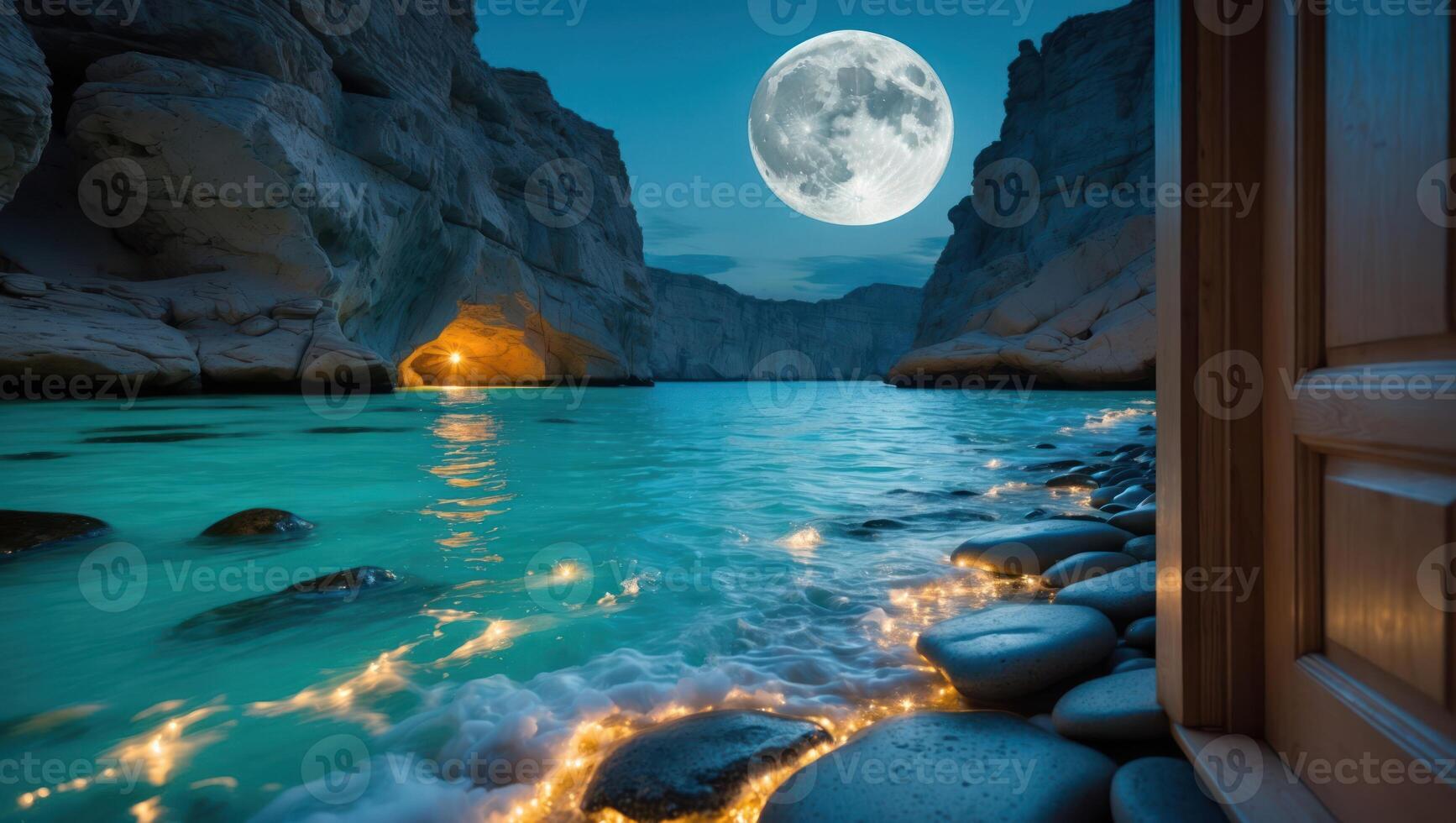 Moonlit Ocean Scene with Cliffs and a Doorway Into Paradise photo