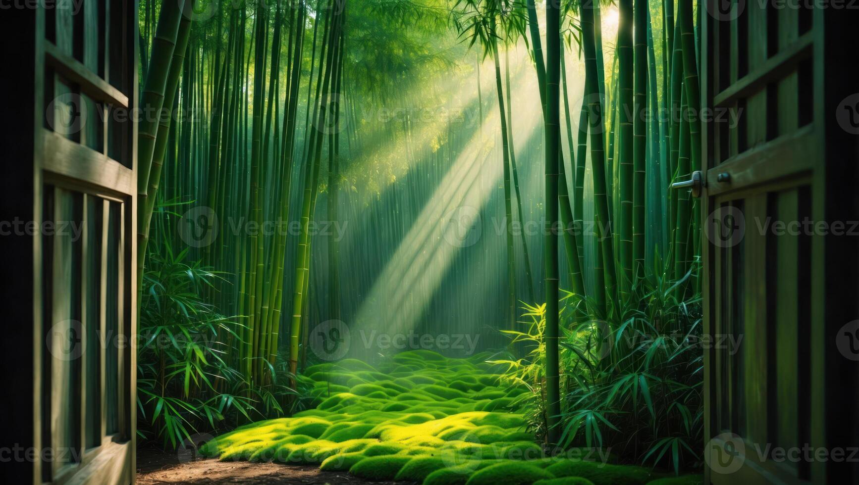 Bamboo Forest Path with Sunlight Streaming Through and Open Door photo